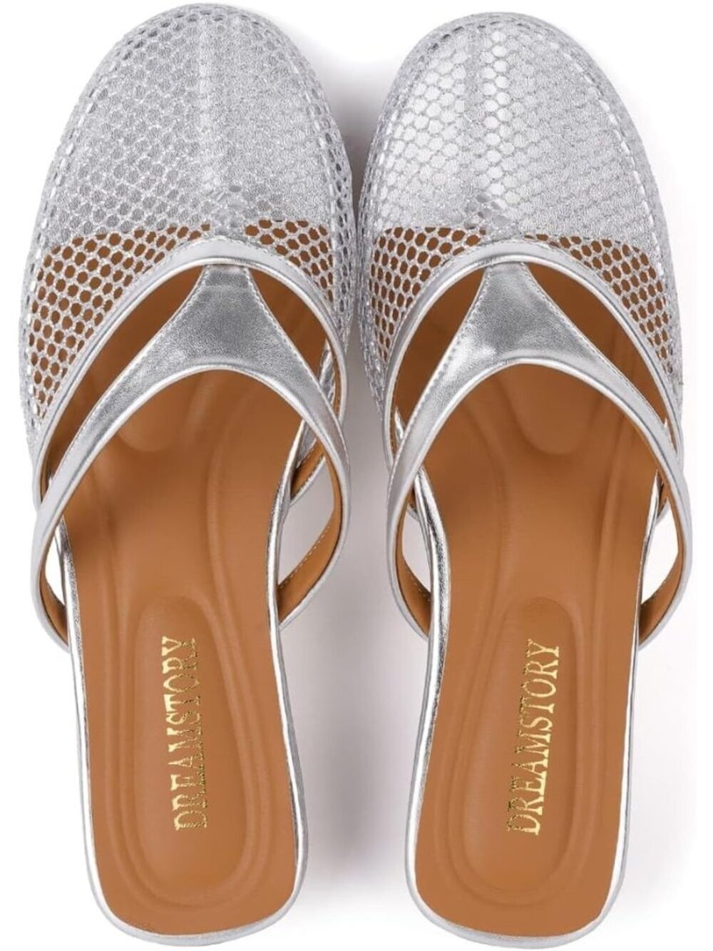 Women's Mesh Silver Open Round Toe Flip Flops Comfy Slip on Flats Sandals - Picture 4 of 6